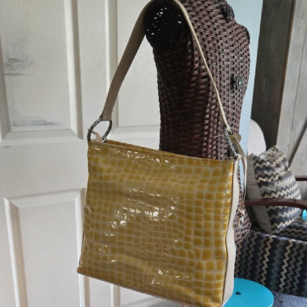 Brighton Yellow Patent Croc-Embossed Shoulder Bag with Silver Accents